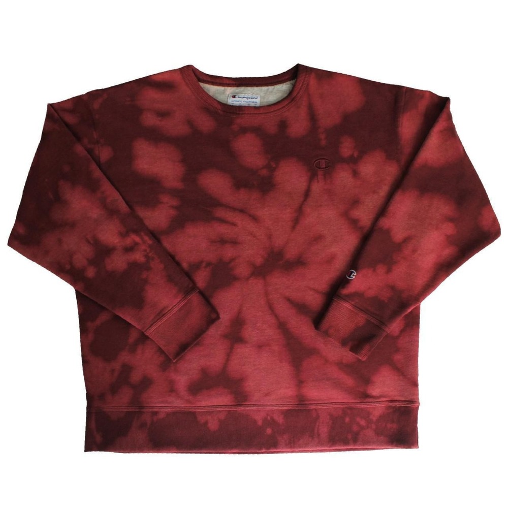 Champion XL Red Bleach Tie Dye Crewneck Sweatshirt Embroidered Logo Streetwear